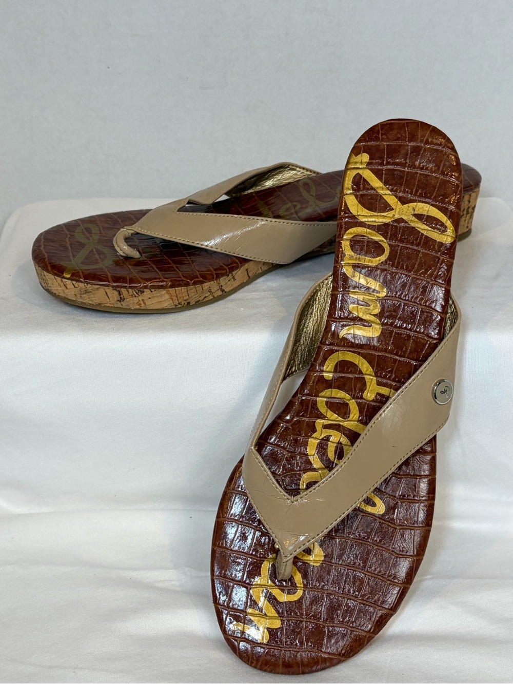 Sam Edelman Womens 10M Faux Patent Tanya Cork Sandals Beige Tan Casual Summer